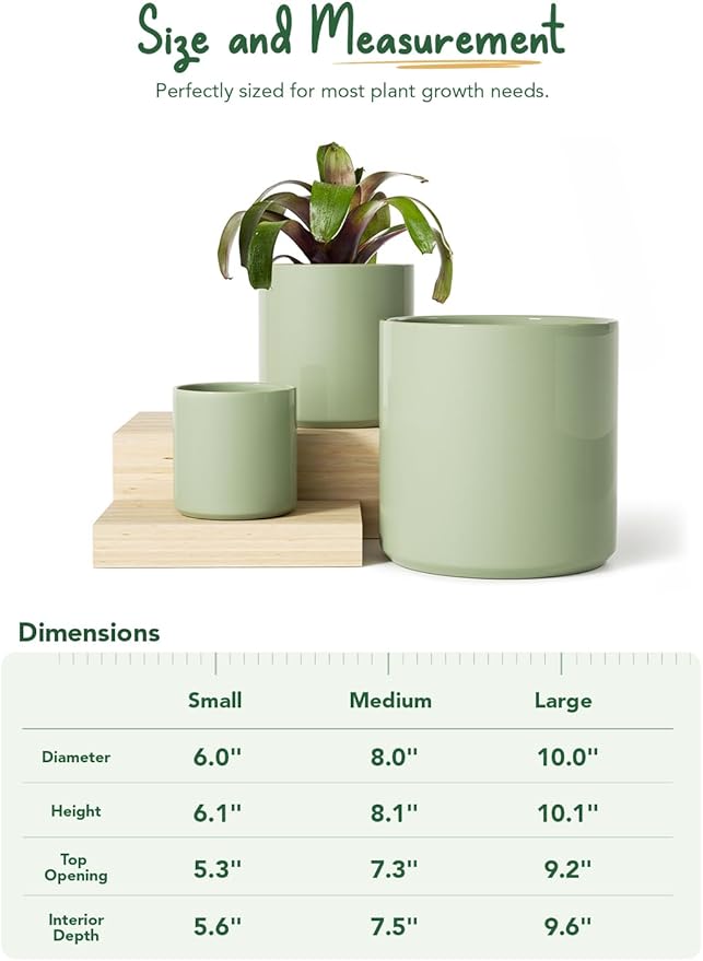 LE TAUCI Ceramic Plant Pots Indoor, 10+8+6 Inch Planters for Indoor Plants, Mid-Century Modern Pots with Drainage Hole and Plug, Cylinder Round Planters, Set of 3, Sage Green