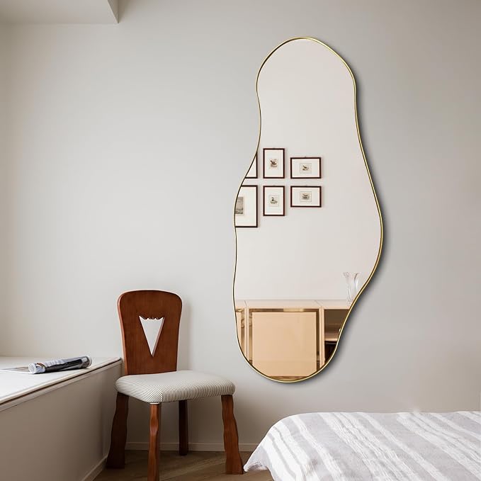 Irregular Mirror, 47"x20.5" Asymmetrical Decorative Accent Mirror with Black Metal Frame, Large Organic Shape Mirrors for Entryway Bedroom Living Room, Horizontal or Vertical Hangin