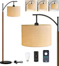 ILLMTW Arc Floor Lamp for Living Room,Bedroom,Vintage Mid Century Modern Standing Lamp with Remote Dimmable,Wood Boho Black Tall Lamp Fabric Lamp Shade Floor Lights Bohemian Tiffany Style