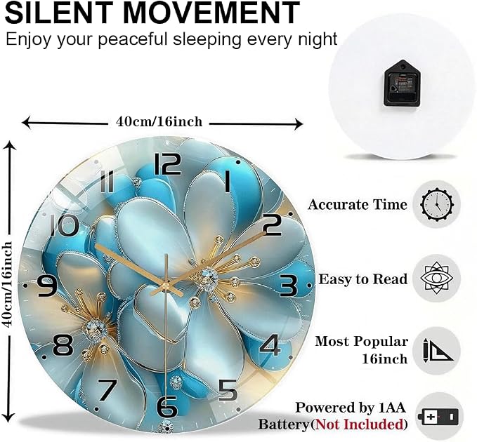 16 Inch Blue Floral Glass Wall Clock Silent Modern Art Decor | Silent glossy wall clock with 3D blue florals and jewel accents, elegantly tracking time for your living room or bedroom