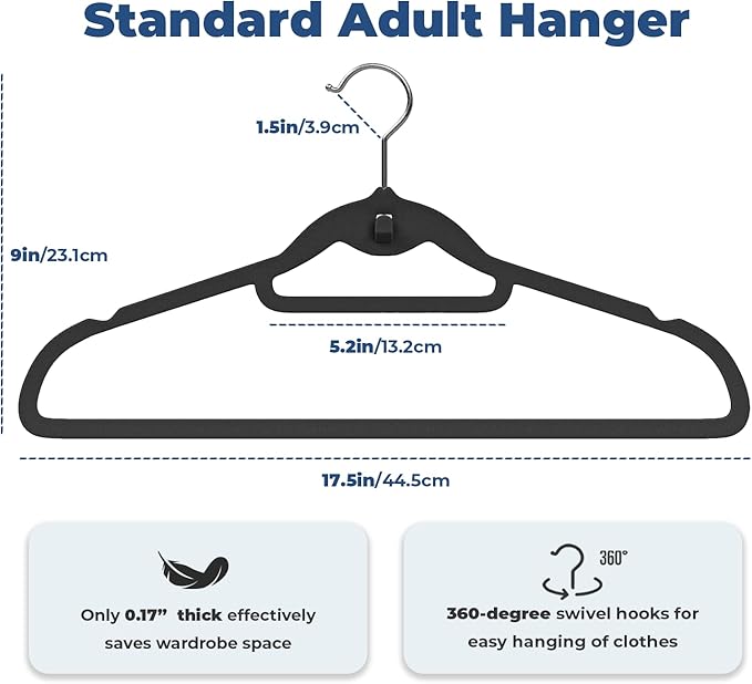 Black Velvet Hangers 50 Pack, Felt Covered Non Slip Fabric with Stackable Cascading Hook, Ultra Thin and Space Saving with 360° Swivel Neck, 15Lbs Capacity for Clothes, Suit, Shirt, Coat