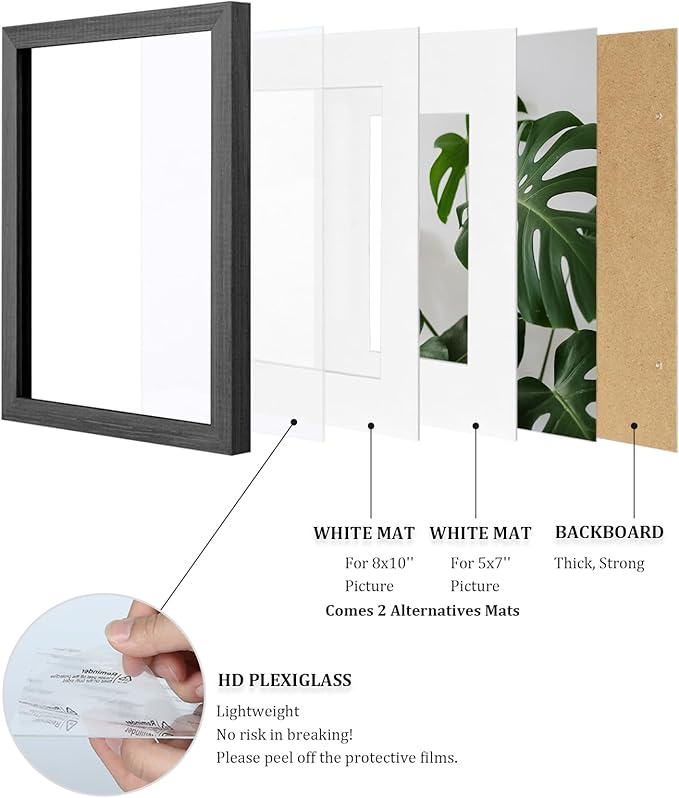 Egofine 11x14 Picture Frame Made of Solid Wood with Plexiglass, Display Pictures 5x7/8x10 with Mat or 11x14 Without Mat for Tabletop and Wall Mounting, Rustic Black