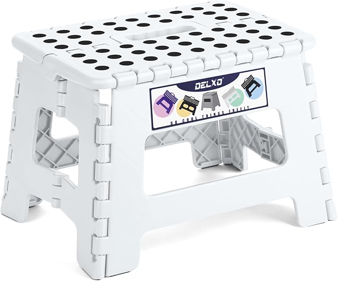 Delxo 9 Inch Folding Step Stool,White Step Stools for Kids Foldable,Portable Collapsible Step Stool with Handle, Folding Stool for Kitchen Bathroom,Bedroom,Garden