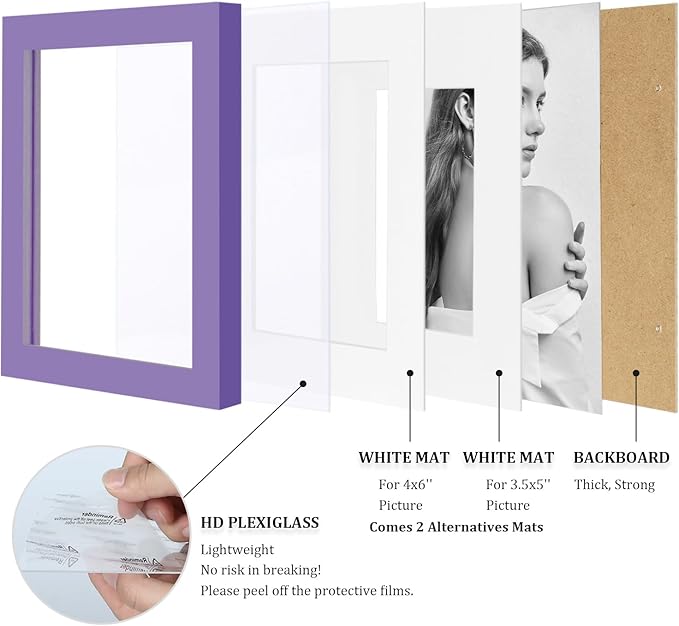 Egofine 5x7 Picture Frame Made of Solid Wood,Covered by Plexiglass Display Pictures 3.5x5/4x6 with Mat or 5x7 Without Mat for Table Top Display and Wall Mounting Photo Frame, Purple