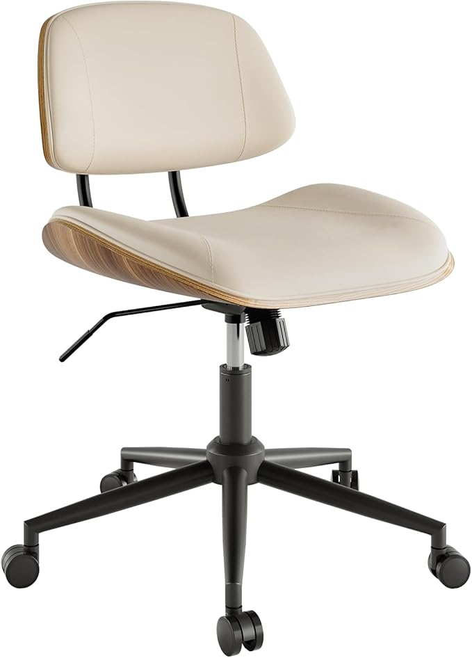 Armless Office Chair with Wheels, PU Leather Adjustable Height Desk Chair - 360° Swivel Ergonomic Computer Chair for Small Space, Modern Walnut Style, Home & Meeting Room, Beige