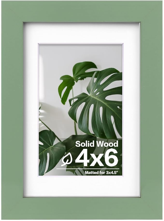 Egofine 4x6 Picture Frame Made of Solid Wood with Plexiglass, Display Pictures 3.5x5 with Mat or 4x6 Without Mat for Tabletop and Wall Mounting, Green