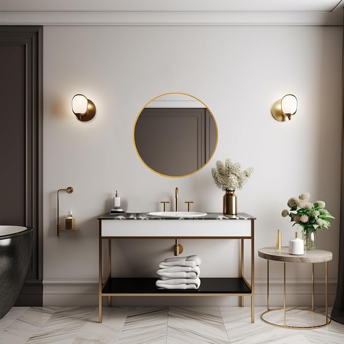 Sunniry Round Mirror 18 inch, Gold Round Mirror, Gold Metal Frame, Gold Mirrors for Wall, Bathroom, Bedroom, Vanity, Hallway.