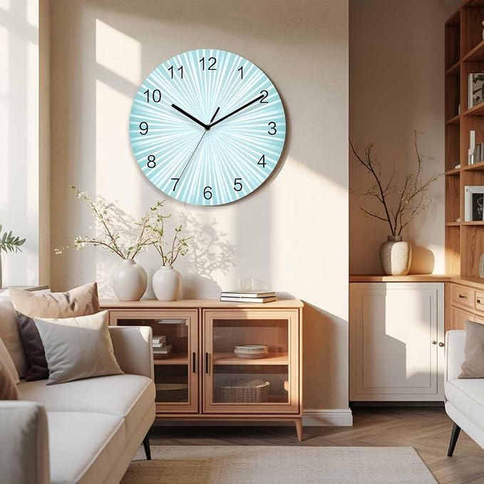 Abstract Wall Clock Battery Operated Non-Ticking 10" Round Wood Clocks, Sunburst Rays Light Blue Kitchen Wall Clock for School Bathroom Living Room Home Office Wall Decor