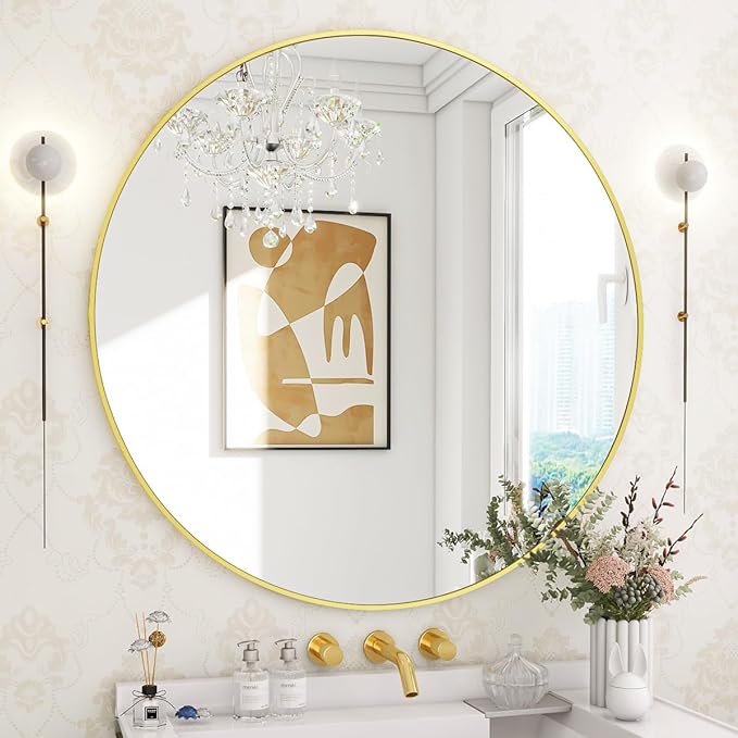 BEAUTYPEAK 30 Inch Round Mirror, Metal Frame Circle Mirror, Wall Mounted for Entryway, Bathroom, Vanity, Living Room, Gold