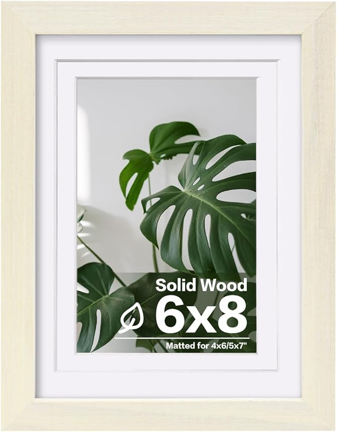 Egofine 6x8 Picture Frame Made of Solid Wood with Plexiglass, Display Pictures 4x6/5x7 with Mat or 6x8 Without Mat for Tabletop and Wall Mounting, Beige
