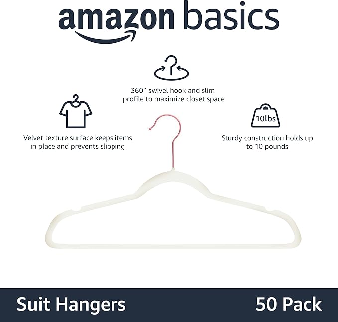 Amazon Basics Slim, Velvet, Non-Slip Sturdy Clothes Hangers, 50-Pack, Ivory/Rose Gold