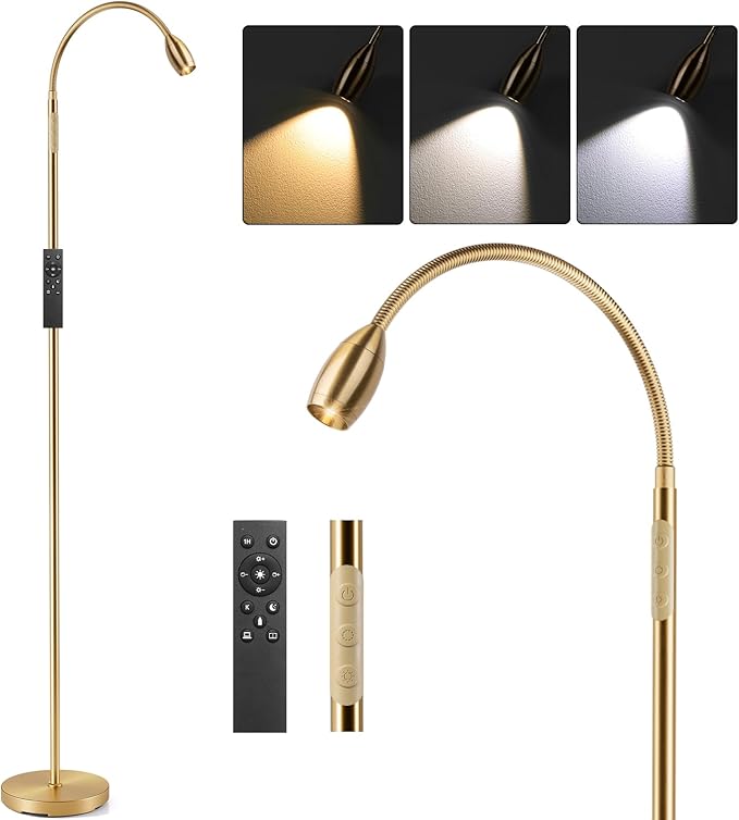 Reading Floor Lamp, 72" Tall LED Lamp with Flexible Gooseneck, Dimmable Zoomable Spotlight, Adjustable Color Beam Standing Lamp, Touch & Remote Control, Task Craft Bedroom Living Room (Antique Brass)