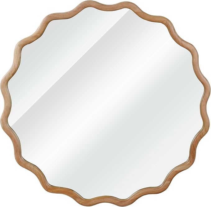 36 Inch Wooden Wavy Round Wall Mirror, Modern Solid Wood Frame Circle Decorative Accent Mirror for Bedroom, Bathroom, Living Room, Entryway, Natural Wood Color