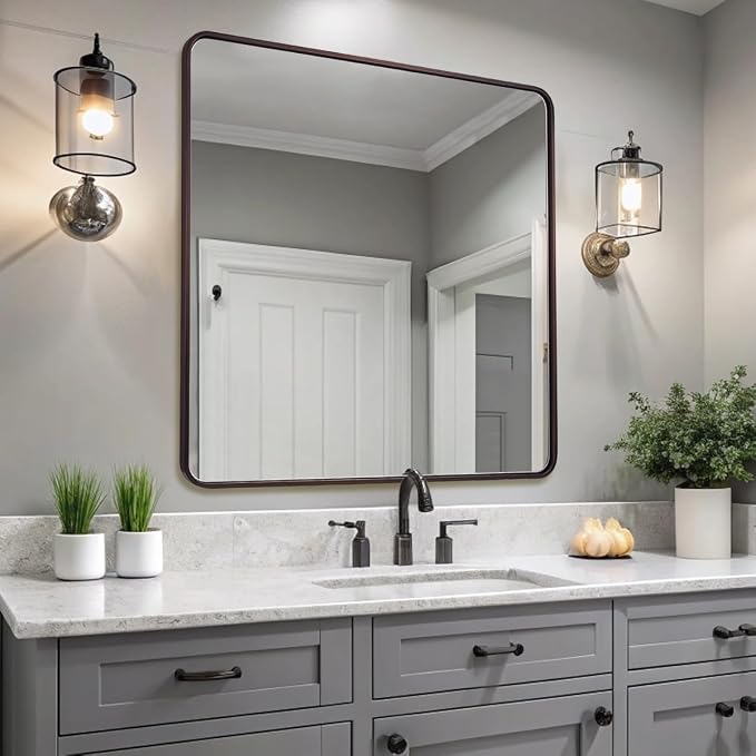 ANDY STAR 36x36 Inch Bronze Bathroom Mirror, Rounded Square Oil Rubbed Bronze Mirrors for Bathroom,Tube Metal Framed, 1’’ Deep Wall Mounted Vertically/Horizontal