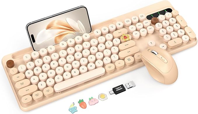 Wireless Keyboard and Mouse Combo, Retro Round Keycaps, Cute Full-Size Typewriter Keyboard with Phone Holder, Sleep Mode, 2.4GHz Cordless Connection for Windows/PC/Laptop (Milk-Tea Colorful)