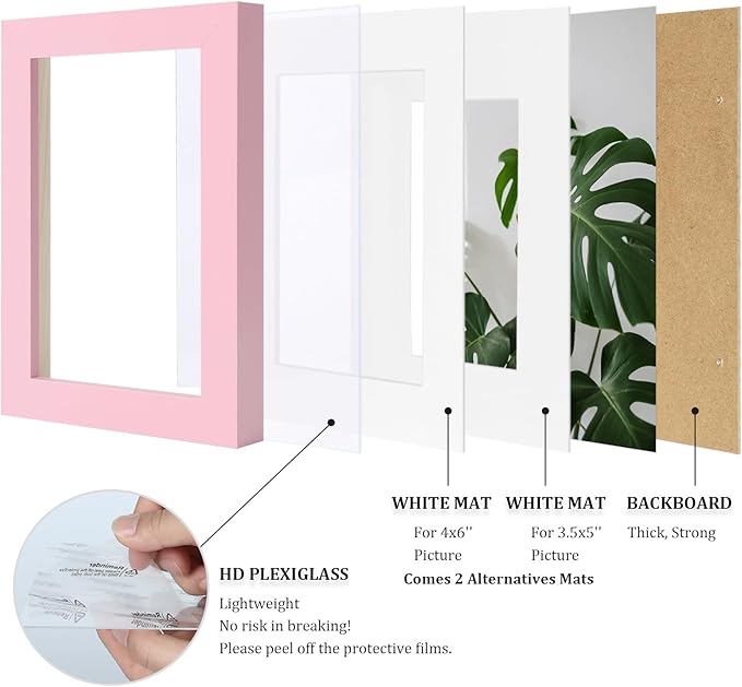 Egofine 5x7 Picture Frame Made of Solid Wood with Plexiglass, Display Pictures 3.5x5/4x6 with Mat or 5x7 Without Mat for Tabletop and Wall Mounting, Pink