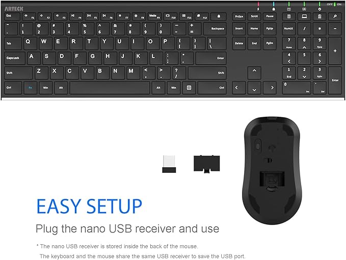 Arteck 2.4G Wireless Keyboard and Mouse Combo Stainless Steel Ultra Slim Full Size Keyboard and Ergonomic Mice for Computer Desktop PC Laptop and Windows 11/10/8 Build in Rechargeable Battery
