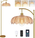 ILLMTW Gold Floor Lamp for Living Room,Bedroom,Mid Century Modern Standing Lamp with Remote,Dimmable Brass Tall Lamp Amber Glass Lamp Vintage Retro Arc Floor Lamps Flower Floor Light Boho Bohemian