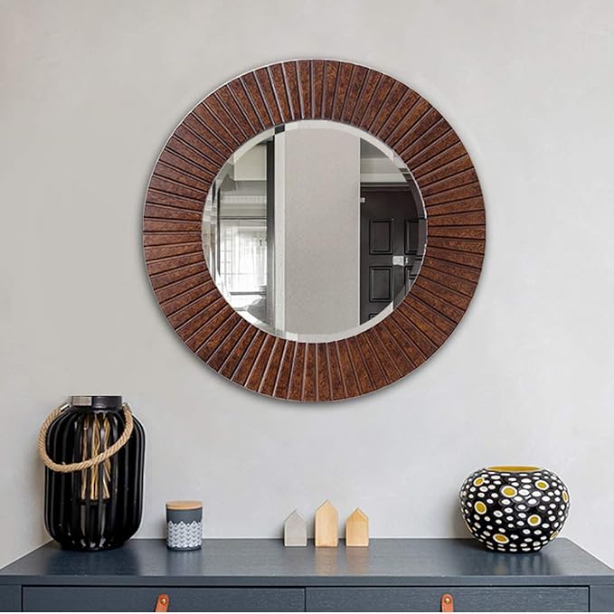 Chende 30'' Round Mirror with Wood Frame, Large Decorative Mirror for Wall, Farmhouse Bathroom Mirror with Bronze Groove Finish for Living Room, Entryway, Bedroom