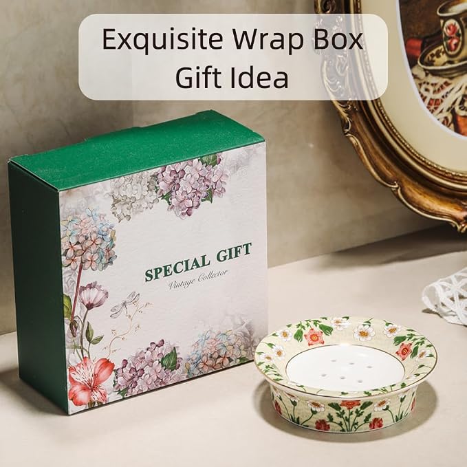 Floral Decorative Self Draining Soap Dish, Double-Layer Round Soap Tray, Vintage Ceramic Soap Dish (Style B)