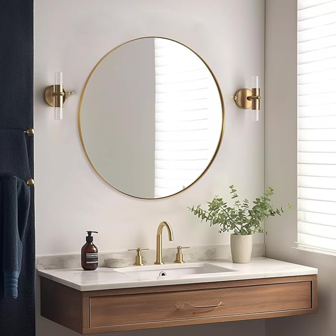 ANDY STAR 26 Inch Round Mirror, Brass Bathroom Mirror, Gold Circle Mirror with Stainless Steel Frame for Bathroom, Vanity, Living Room, Entryway