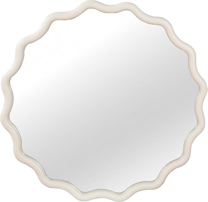 36 Inch Wooden Wavy Round Wall Mirror, Modern Solid Wood Frame Circle Decorative Accent Mirror for Bedroom, Bathroom, Living Room, Entryway, White