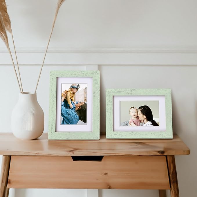 Egofine 4x6 Picture Frame Made of Solid Wood, Covered by Plexiglass Display Pictures 3.5x5 with Mat or 4x6 Without Mat for Table Top Display and Wall Mounting Photo Frame, Rustic Green