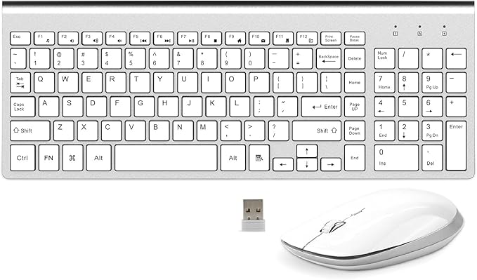 FENIFOX Keyboard and Mouse Wireless, USB 2.4GHz Combo Silent Quiet Low Profile Compact Full Size Flat Slim Thin Portable with Number Pad Soft Cover for PC Laptop Computer Office - White & Silver