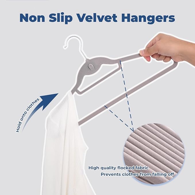 Grey Velvet Hangers 50 Pack, Felt Covered Non Slip Fabric with Stackable Cascading Hook, Ultra Thin and Space Saving with 360° Swivel Neck, 15Lbs Capacity for Clothes, Suit, Shirt, Coat