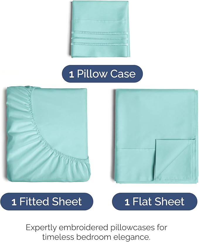 Twin Size 3 Piece Sheet Set - Comfy Breathable & Cooling Bed Sheets Set - Hotel Luxury Bedding for Women, Men, Kids, Teens, Boys & Girls - Deep Pockets, Ultra-Soft, Wrinkle Free - Oeko-Tex - Spa Blue