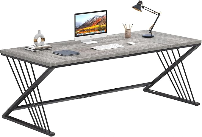 FOLUBAN 70.9" Industrial Computer Desk with Z-Shaped Legs, Modern Home Office Desk for 2 Person, Large Gaming Executive Workstation Study Table for Bedroom Writing, Light Grey