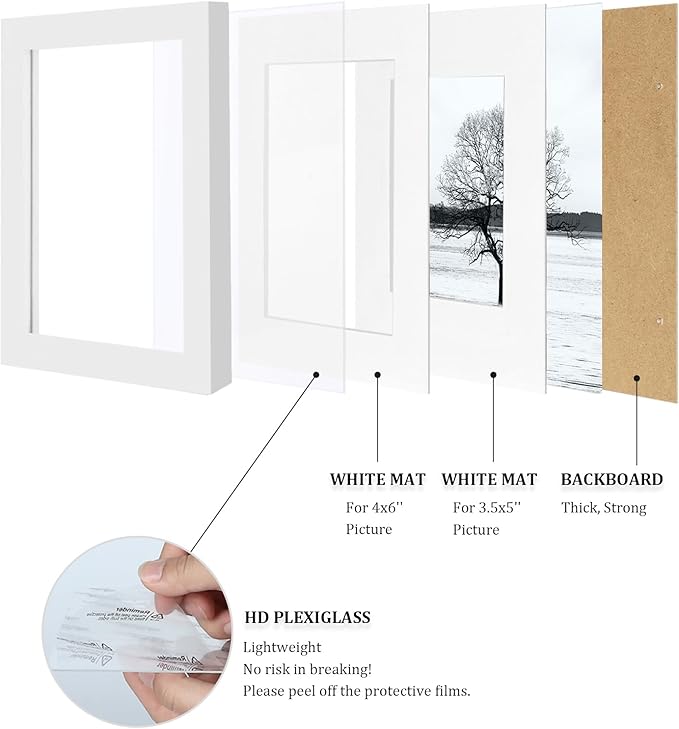 Egofine 4x6 Picture Frame Made of Solid Wood with Plexiglass, Display Pictures 3.5x5 with Mat or 4x6 Without Mat for Tabletop and Wall Mounting, White