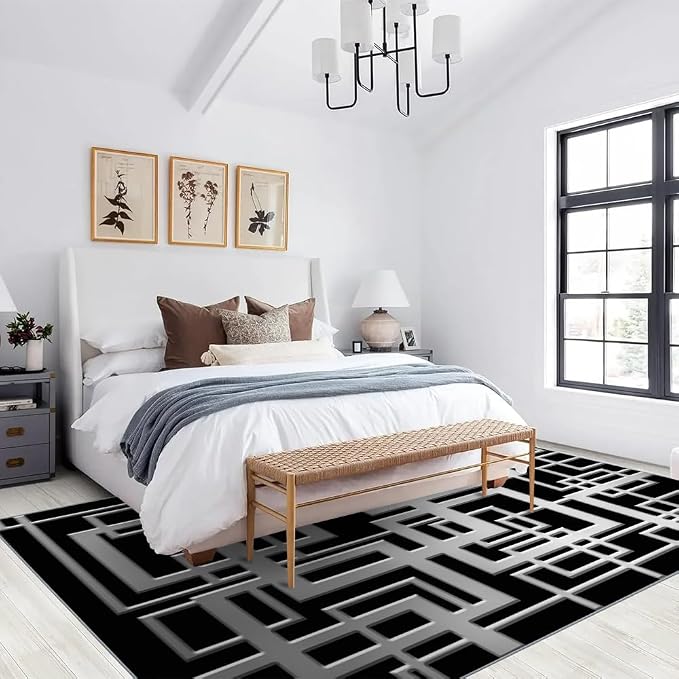 Minimalist Geometric Area Rugs, Grey Black Abstract Carpet, Washable Non Slip Low Pile Soft Rug for Living Room Bedroom Decor Mat 5x8ft