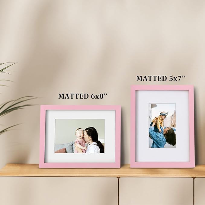 Egofine 9x12 Picture Frame Made of Solid Wood Covered by Plexiglass, Wood Frame for Pictures 5x7/6x8 with Mat or 9x12 without Mat, Tabletop and Wall Mounting Display, Pink