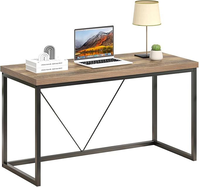 FOLUBAN Modern Home Office Desk, Rustic Wood and Metal Computer Desks, Industrial Study Writing Gaming Table Workstation, Vintage Laptop PC Desk, Oak 53 Inch