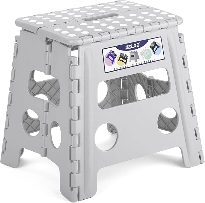 Delxo Folding Step Stool, 13 inch Non-Slip Foldable Stools for Kids & Adults Up to 300 LBS, Step Stool with Handle, Lightweight for Kitchen, Bathroom, Bedroom, Garden, Grey, 1PC