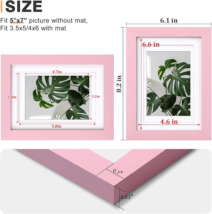 Egofine 5x7 Picture Frame Made of Solid Wood with Plexiglass, Display Pictures 3.5x5/4x6 with Mat or 5x7 Without Mat for Tabletop and Wall Mounting, Pink