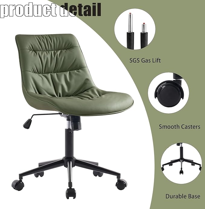 Kidol & Shellder Faux Leather Office Chair, Adjustable Swivel Height Task Chair, Rolling Wheels & Soft Backrest - Armless Ergonomic Desk Chair for Home, Office,Vanity,Gaming（Bean-Green）