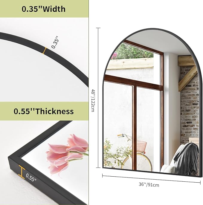 BEAUTYPEAK 36"x48" Arch Bathroom Mirror, Wall Mounted Vanity Metal Frame Mirror for Bedroom, Entryway, Living Room, Black