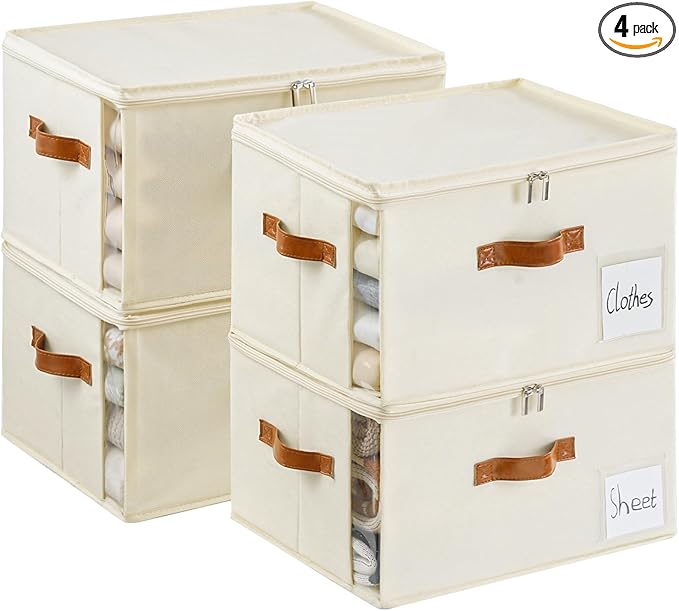 4 Pack Large Storage Bins with Lids, Foldable Closet Organizer with Clear Window