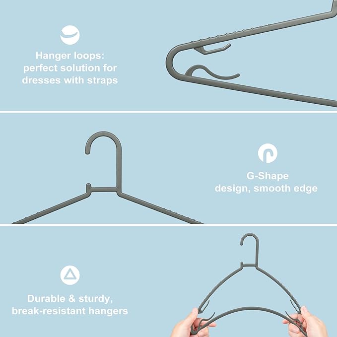 Plastic Hangers 50 Pack, Light Weight Durable Clothes Hangers with Hooks Standard Size G-Shape&Non-Slip Coat Hangers for Everyday Use (Grey)