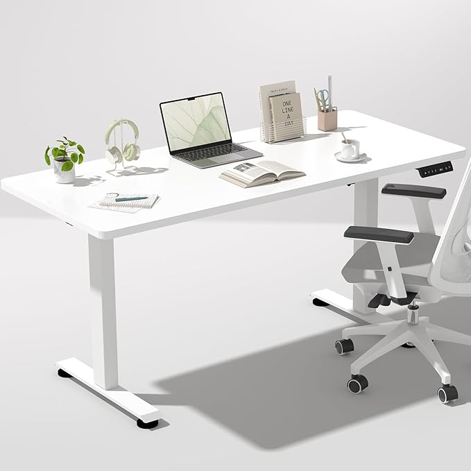 Veken 55 Inch, Height Adjustable Sit Stand Up, Wood Desktop, Work Home Office Computer PC Table, Tall Standup Workstation, Gaming Writing Study Bedroom Rising Desks, White
