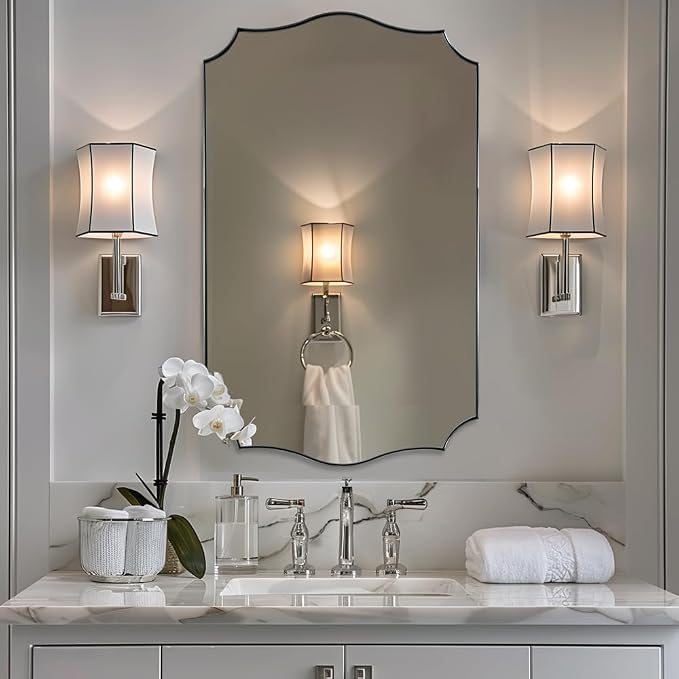 ANDY STAR 24x40 Inch Brushed Nickel Mirror, Unique Rectangle Bathroom Mirror, Large Decorative Mirror in Rust-Proof Stainless Steel 1" Frame, Modern Wavy Frame Design, Vertically/Horizontally