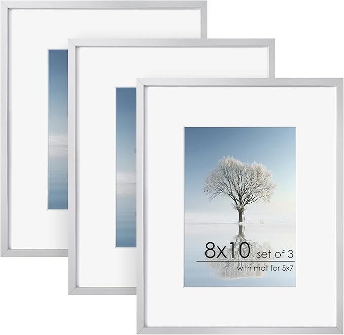 8x10 Picture Frame - 8 by 10 Metal Picture Frame With Mat | 8 x 10 Aluminum Photo Frame | Plexiglass And Hanging Hardware Included | 8x10 Gold Frame | Set of 3, Silver