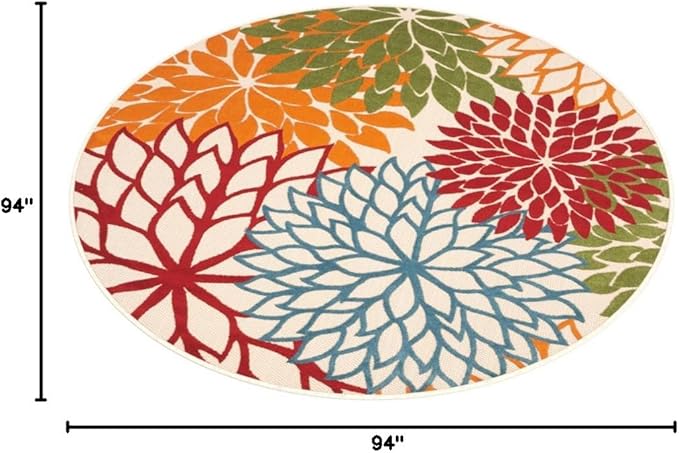Nourison Home Aloha Indoor/Outdoor Green 7'10'' x Round Area-Rug, Tropical, Botanical, Easy Clean, Non Shedding, Bed Room, Living Room, Dining Room, Deck, Backyard, Patio (8 Round)