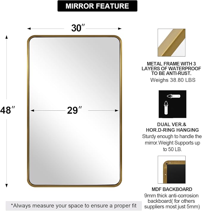 ANDY STAR Brushed Gold Bathroom Mirror 48”X30”, Brass Bathroom Vanity Mirror Rounded Rectangle, SUS304-Anti-Rust Metal Frame Mirror, Wall Mounted Horizontal/Vertical 1’’ Deep