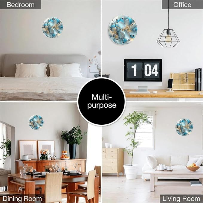 16 Inch Blue Floral Glass Wall Clock Silent Modern Art Decor | Silent glossy wall clock with 3D blue florals and jewel accents, elegantly tracking time for your living room or bedroom