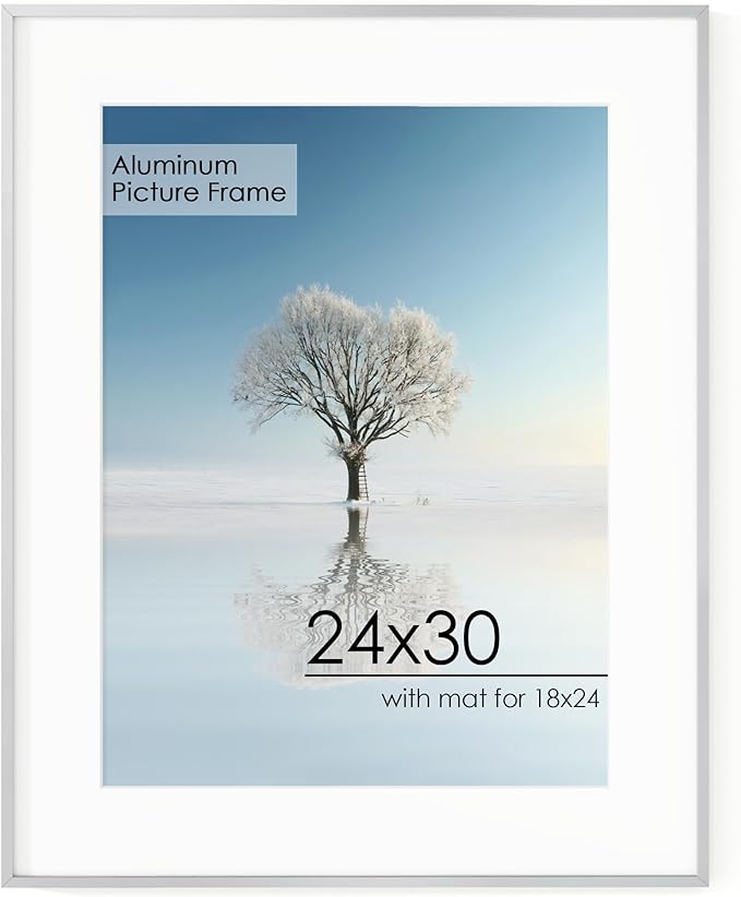 24x30 Metal Picture Frame for Wall With Mat for 18x24, 24''x30'' Aluminum Photo Frames With Tempered Glass for Home Decor, Minimalist Modern Poster Frame Horizontal And Vertical Formats, Silver