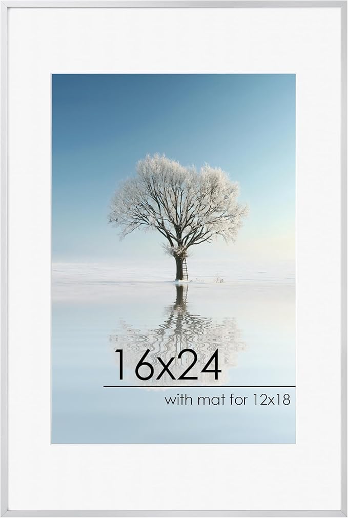 16x24 Frame | 16x24 Poster Frame With Mat For 12x18 | Metal Aluminum Picture Frame With Tempered Glass | Minimalist Modern Poster Frame | Hanging Hardware Included | Silver