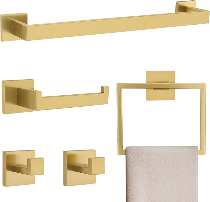 Brushed Gold 5 Pieces Bathroom Hardware Accessories Set Towel Bar Set Towel Holder&Racks Set for Bathroom,SUS304 Stainless Steel,Wall Mounted 16-Inch